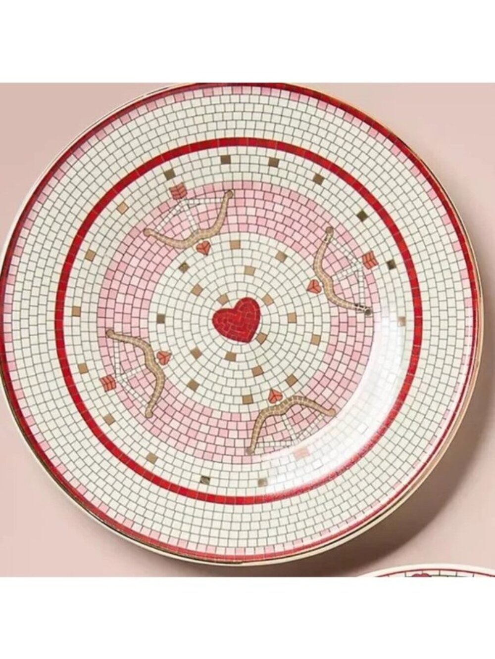 NEW Anthropologie Bistro Tile Desert Plate Red 24K Gold Valentines Collection